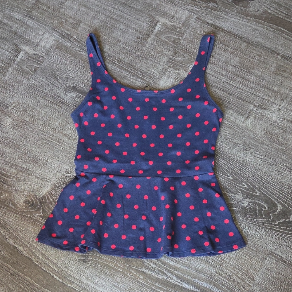 Express Navy and Red Polka Dot Peplum Top